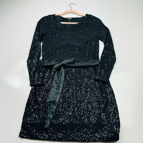 Express Long Sleeve Sequin Mini Dress with‎ Removable Satin Sash Size XS - Picture 5 of 11